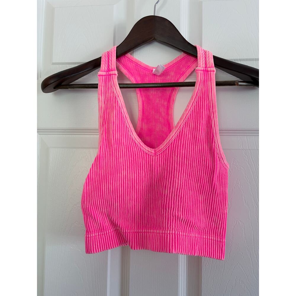 Zenana Neon Pink Ribbed Racerback Cropped Tank Bra L/XL